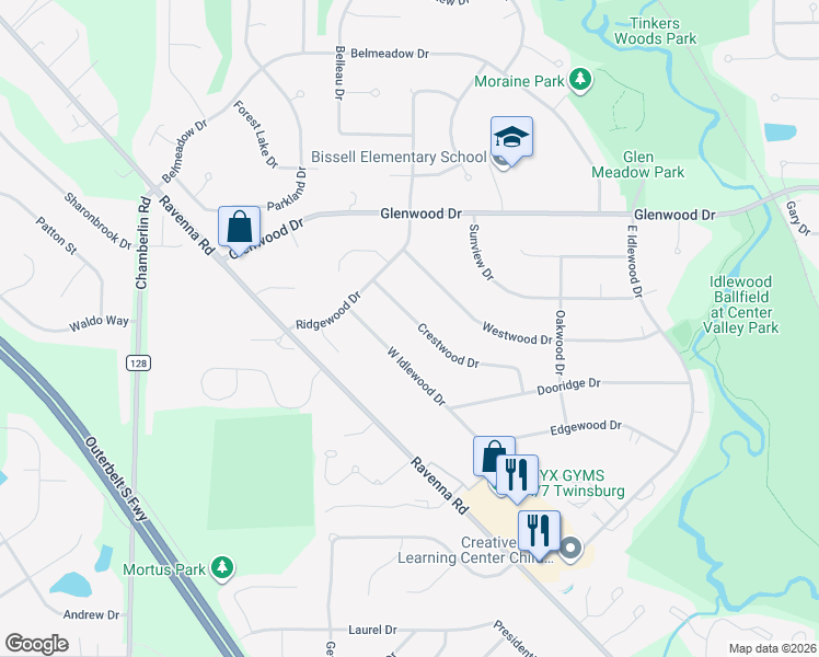 map of restaurants, bars, coffee shops, grocery stores, and more near 9914 Crestwood Drive in Twinsburg