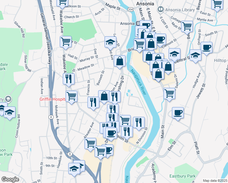 map of restaurants, bars, coffee shops, grocery stores, and more near 98 Clifton Avenue in Ansonia