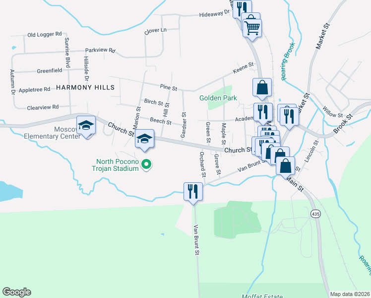 map of restaurants, bars, coffee shops, grocery stores, and more near 601 Church Street in Moscow