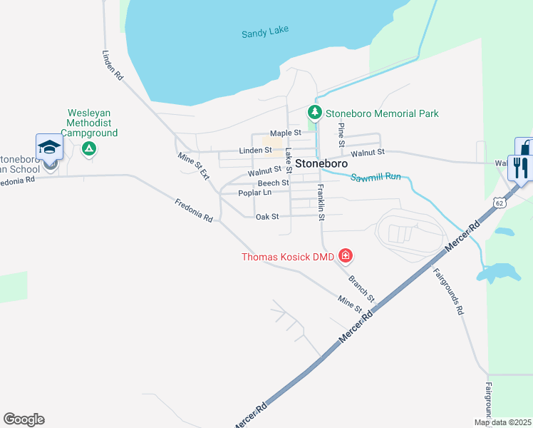map of restaurants, bars, coffee shops, grocery stores, and more near 37 Oak Street in Stoneboro