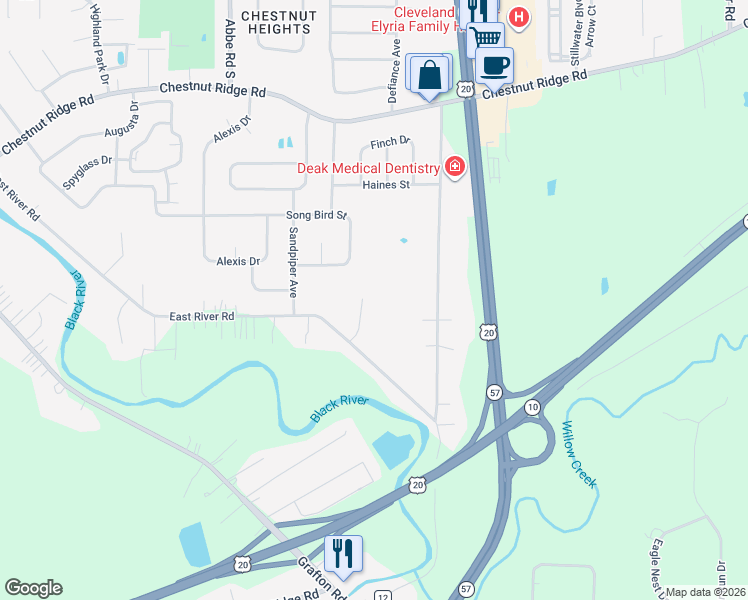 map of restaurants, bars, coffee shops, grocery stores, and more near 137 Timber Ridge Drive in Elyria