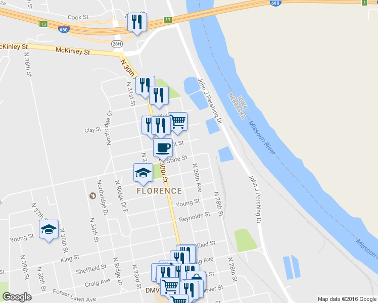 map of restaurants, bars, coffee shops, grocery stores, and more near 8402 North 28th Avenue in Omaha