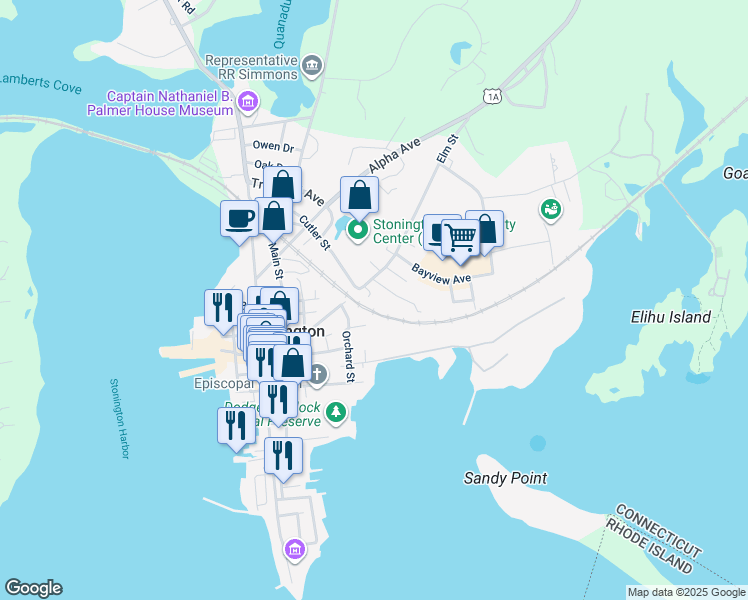 map of restaurants, bars, coffee shops, grocery stores, and more near 105 Elm Street in Stonington