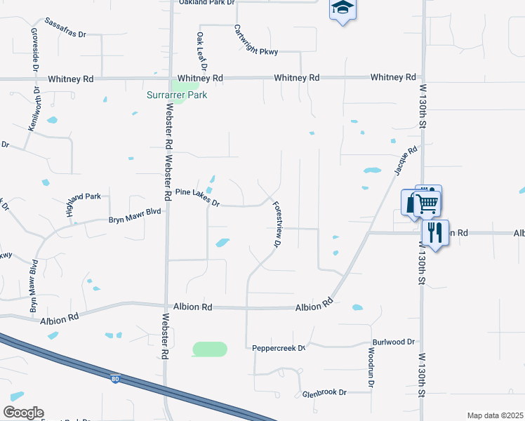 map of restaurants, bars, coffee shops, grocery stores, and more near 14181 Pine Lakes Drive in Strongsville