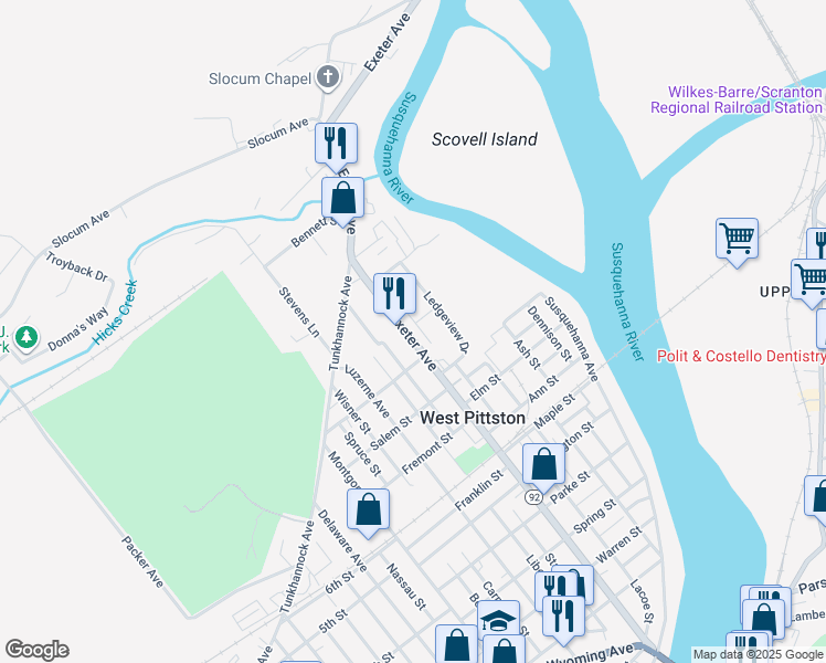 map of restaurants, bars, coffee shops, grocery stores, and more near 1026 Ledgeview Drive in West Pittston