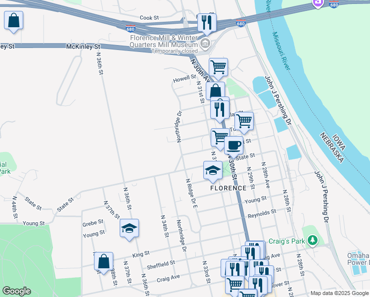 map of restaurants, bars, coffee shops, grocery stores, and more near 3132 Willit Street in Omaha