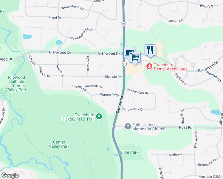 map of restaurants, bars, coffee shops, grocery stores, and more near 2472 Warren Parkway in Twinsburg