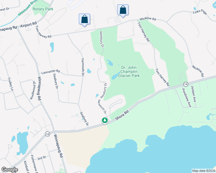 map of restaurants, bars, coffee shops, grocery stores, and more near 1 Newbury Drive in Westerly