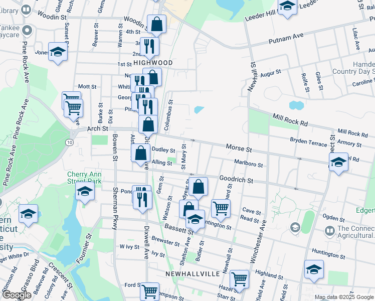 map of restaurants, bars, coffee shops, grocery stores, and more near 53 Saint Mary Street in Hamden