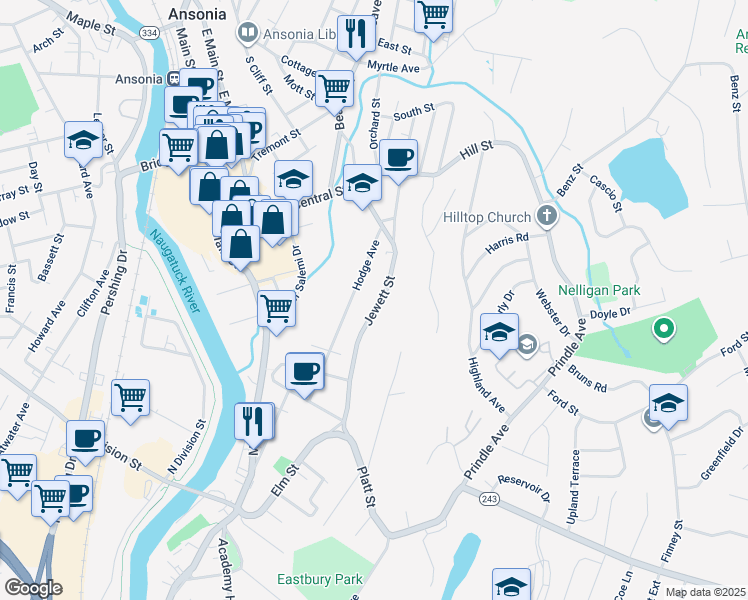 map of restaurants, bars, coffee shops, grocery stores, and more near 82 Jewett Street in Ansonia