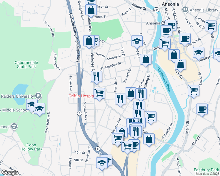 map of restaurants, bars, coffee shops, grocery stores, and more near 3 Rutland Street in Ansonia
