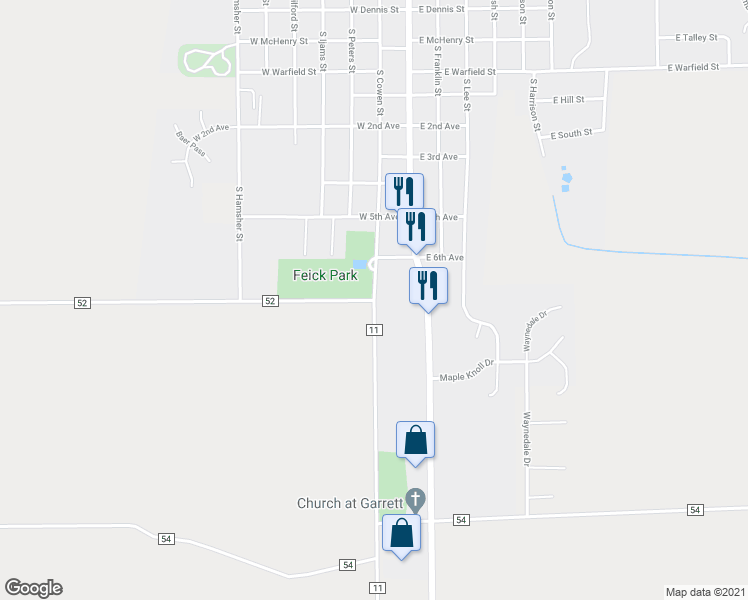 map of restaurants, bars, coffee shops, grocery stores, and more near County Road 52 & County Road 11 in Garrett