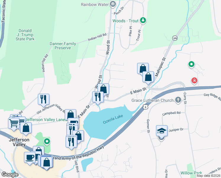 map of restaurants, bars, coffee shops, grocery stores, and more near 355 Orchard Road in Jefferson Valley-Yorktown