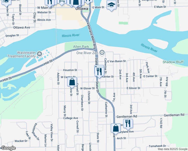 map of restaurants, bars, coffee shops, grocery stores, and more near 110 West Center Street in Ottawa