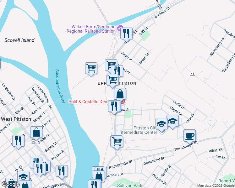 map of restaurants, bars, coffee shops, grocery stores, and more near 110 Cornelia St in Pittston