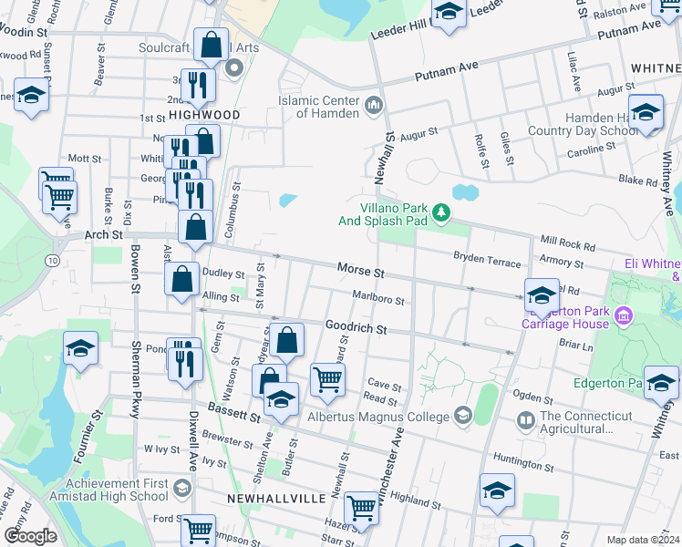 map of restaurants, bars, coffee shops, grocery stores, and more near 266 Morse Street in Hamden