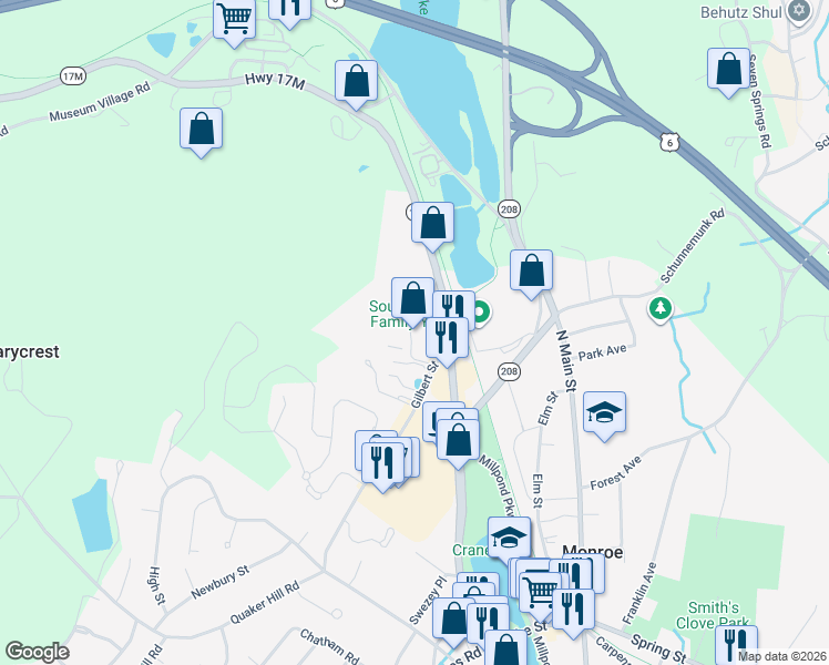 map of restaurants, bars, coffee shops, grocery stores, and more near 845 Route 17M in Monroe