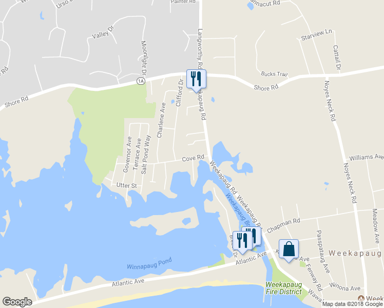 map of restaurants, bars, coffee shops, grocery stores, and more near 9 Cove Road in Westerly