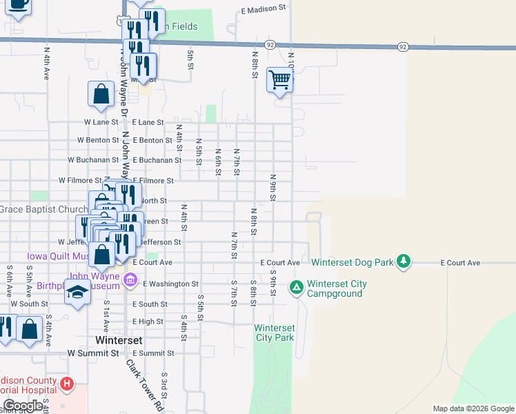 map of restaurants, bars, coffee shops, grocery stores, and more near 317 North 8th Street in Winterset