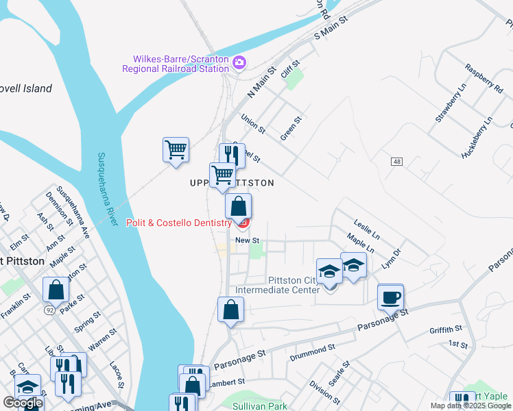 map of restaurants, bars, coffee shops, grocery stores, and more near 109 Cornelia St in Pittston
