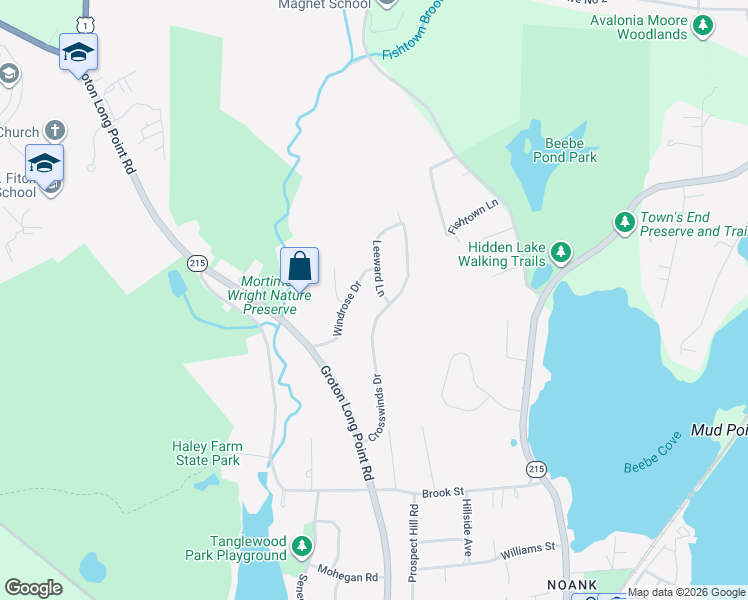 map of restaurants, bars, coffee shops, grocery stores, and more near 9 Leeward Lane in Groton