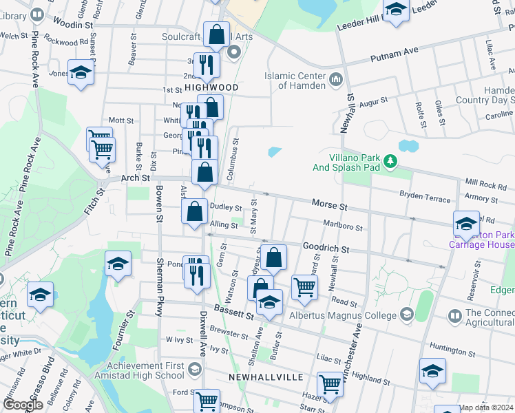 map of restaurants, bars, coffee shops, grocery stores, and more near 53 Saint Mary Street in Hamden