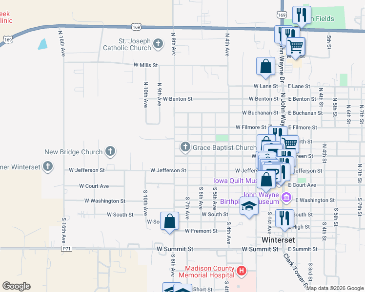 map of restaurants, bars, coffee shops, grocery stores, and more near 704 West North Street in Winterset