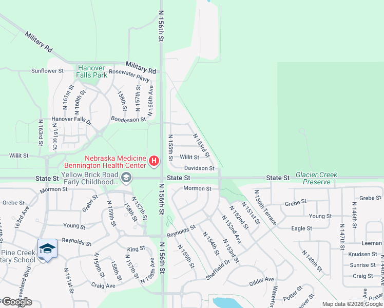 map of restaurants, bars, coffee shops, grocery stores, and more near 15330 Willit Street in Bennington