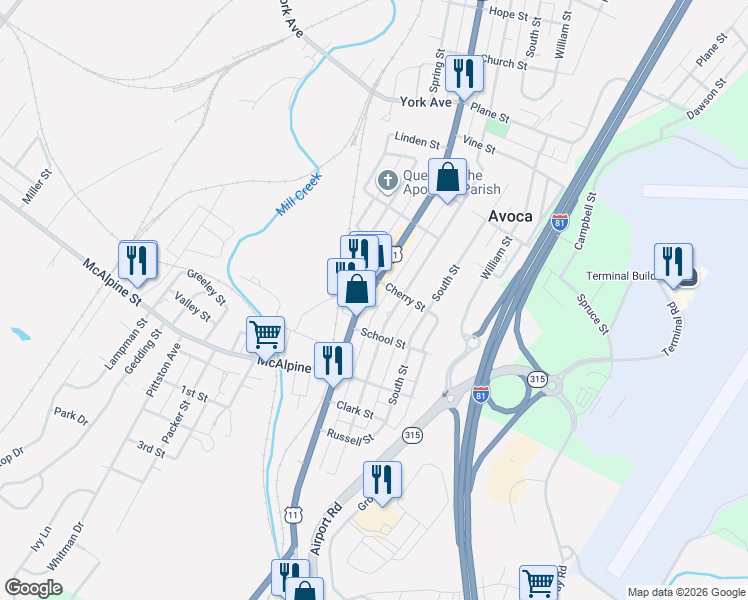 map of restaurants, bars, coffee shops, grocery stores, and more near 624 U.S. 11 in Avoca