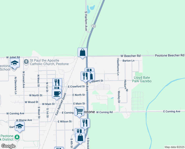 map of restaurants, bars, coffee shops, grocery stores, and more near 500 East Walnut Street in Peotone