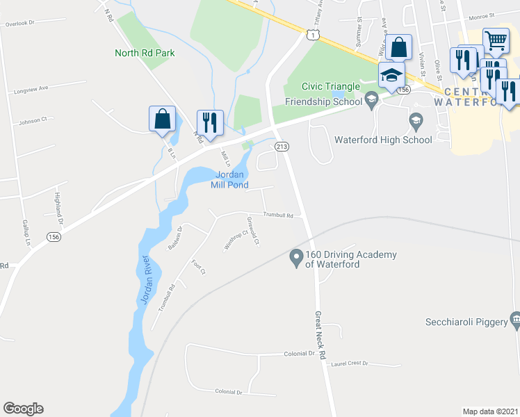 map of restaurants, bars, coffee shops, grocery stores, and more near 9 Trumbull Road in Waterford