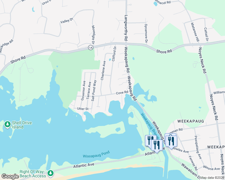 map of restaurants, bars, coffee shops, grocery stores, and more near 3 Clifford Drive in Westerly