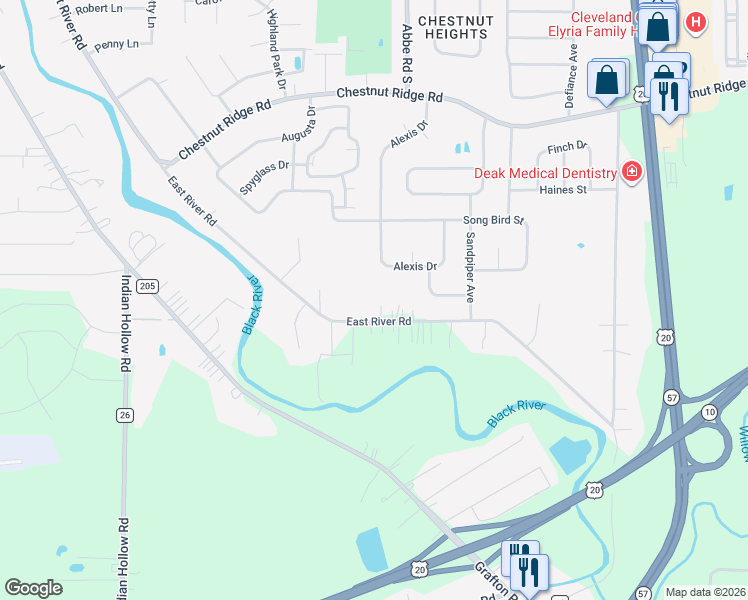 map of restaurants, bars, coffee shops, grocery stores, and more near 39046 East River Road in Elyria