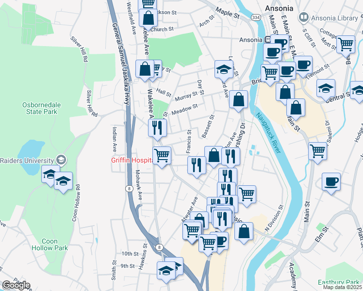 map of restaurants, bars, coffee shops, grocery stores, and more near 3 Rutland Street in Ansonia