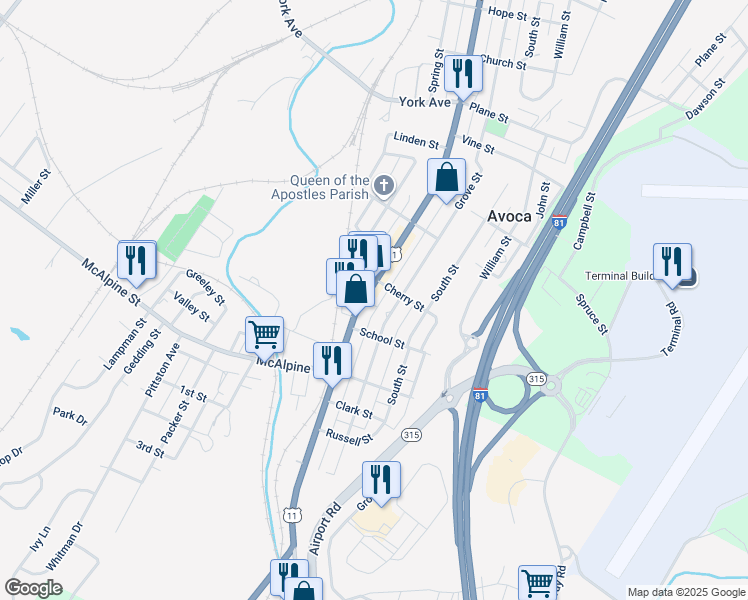 map of restaurants, bars, coffee shops, grocery stores, and more near 624 U.S. 11 in Avoca