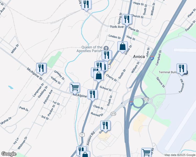 map of restaurants, bars, coffee shops, grocery stores, and more near 624 U.S. 11 in Avoca