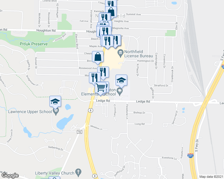 map of restaurants, bars, coffee shops, grocery stores, and more near 83 Ledge Road in Northfield