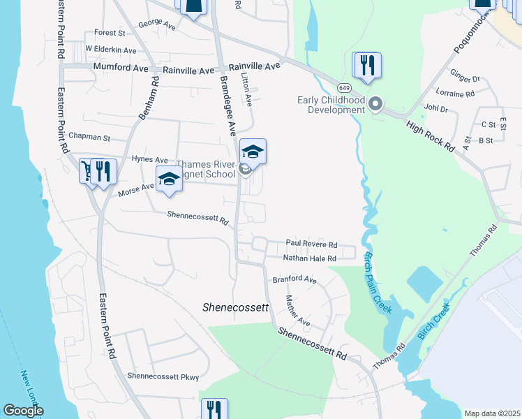 map of restaurants, bars, coffee shops, grocery stores, and more near 300 Brandegee Avenue in Groton