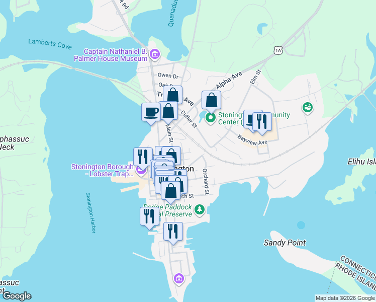 map of restaurants, bars, coffee shops, grocery stores, and more near 44 Broad Street in Stonington