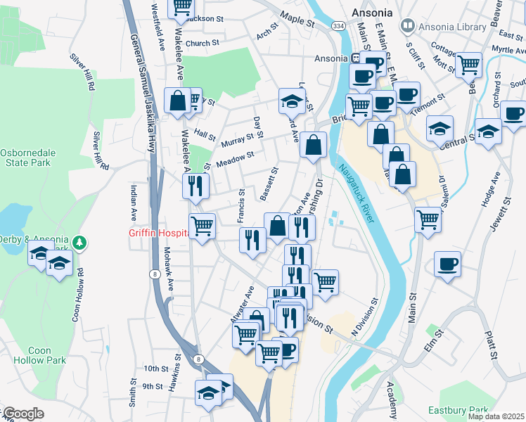map of restaurants, bars, coffee shops, grocery stores, and more near 40 Howard Avenue in Ansonia