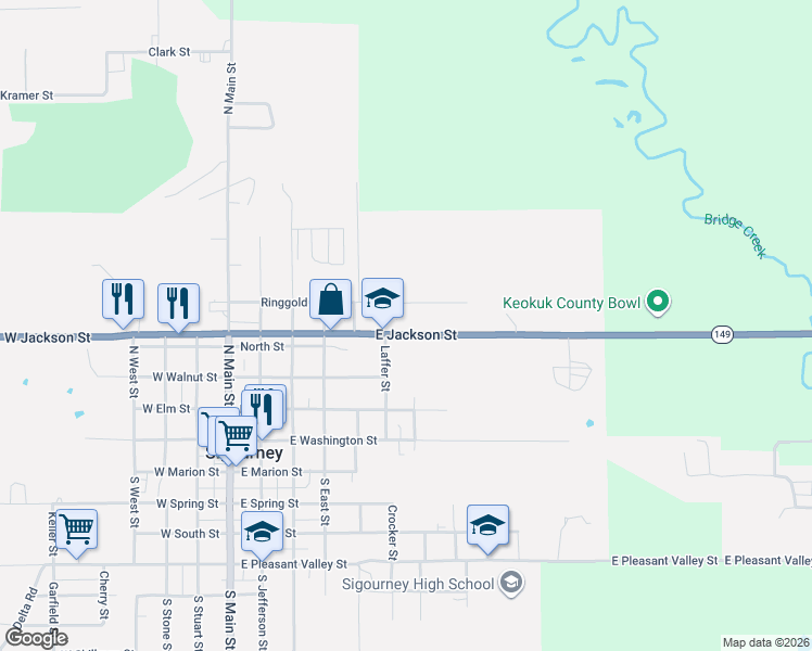 map of restaurants, bars, coffee shops, grocery stores, and more near 600-898 E Jackson St in Sigourney