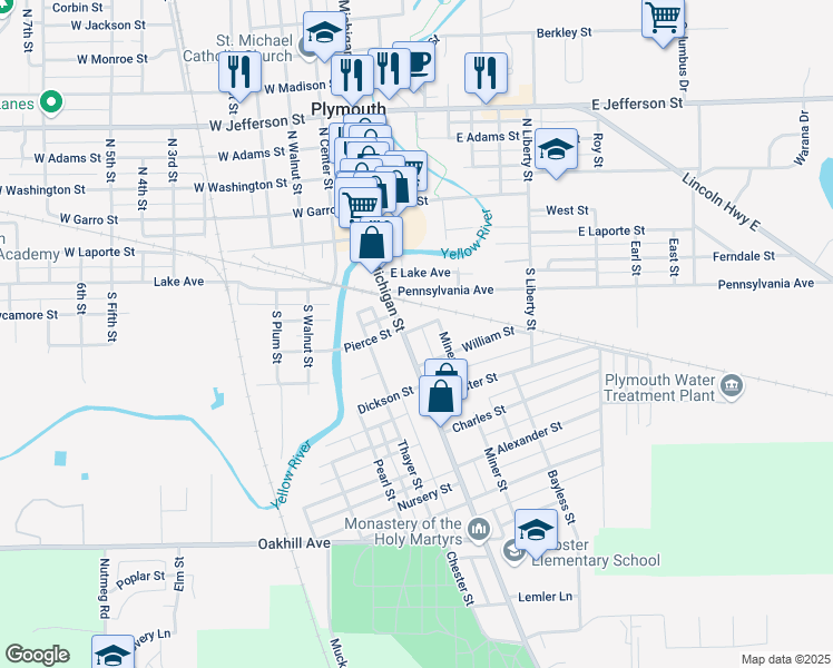 map of restaurants, bars, coffee shops, grocery stores, and more near 413 South Michigan Street in Plymouth