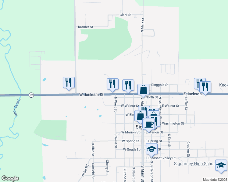map of restaurants, bars, coffee shops, grocery stores, and more near 400 West Jackson Street in Sigourney