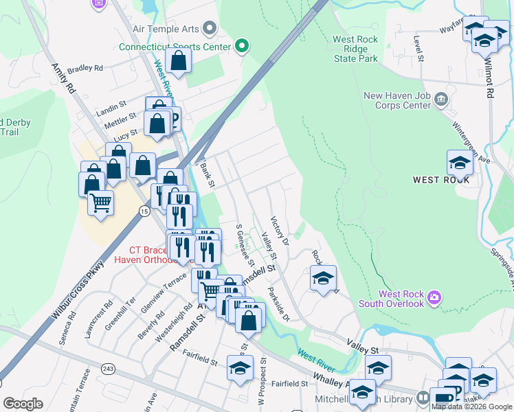 map of restaurants, bars, coffee shops, grocery stores, and more near 529 Valley Street in New Haven
