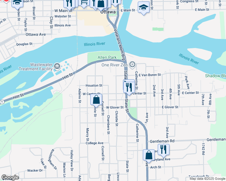 map of restaurants, bars, coffee shops, grocery stores, and more near 208 West Center Street in Ottawa