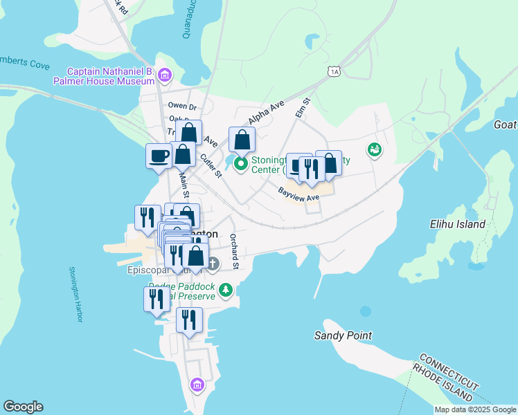 map of restaurants, bars, coffee shops, grocery stores, and more near 17 Summit Street in Stonington