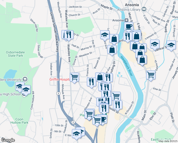 map of restaurants, bars, coffee shops, grocery stores, and more near 40 Howard Avenue in Ansonia