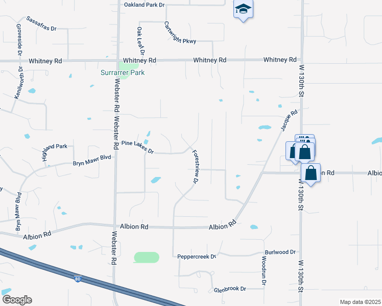 map of restaurants, bars, coffee shops, grocery stores, and more near 14181 Pine Lakes Drive in Strongsville