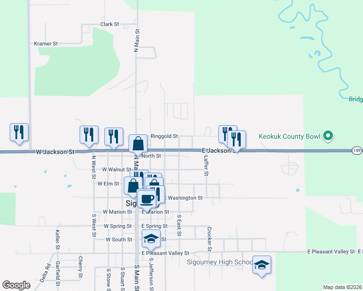 map of restaurants, bars, coffee shops, grocery stores, and more near 400-498 East Jackson Street in Sigourney