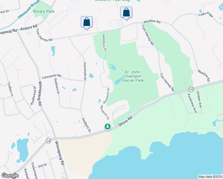 map of restaurants, bars, coffee shops, grocery stores, and more near 1 Newbury Drive in Westerly
